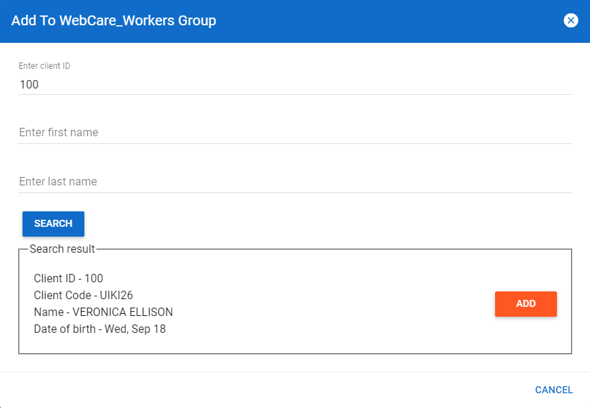 Sample client search result to add client