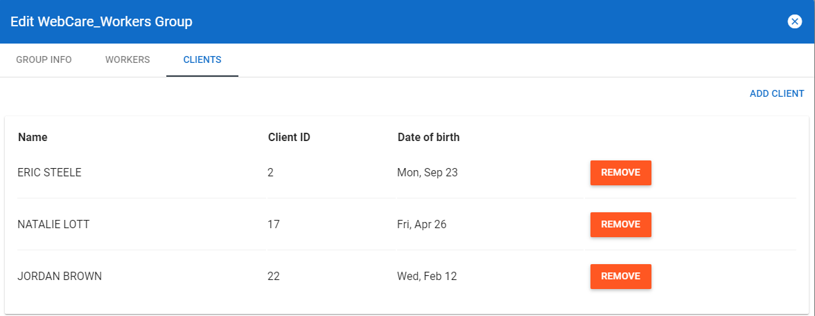 Sample list of clients with Remove button