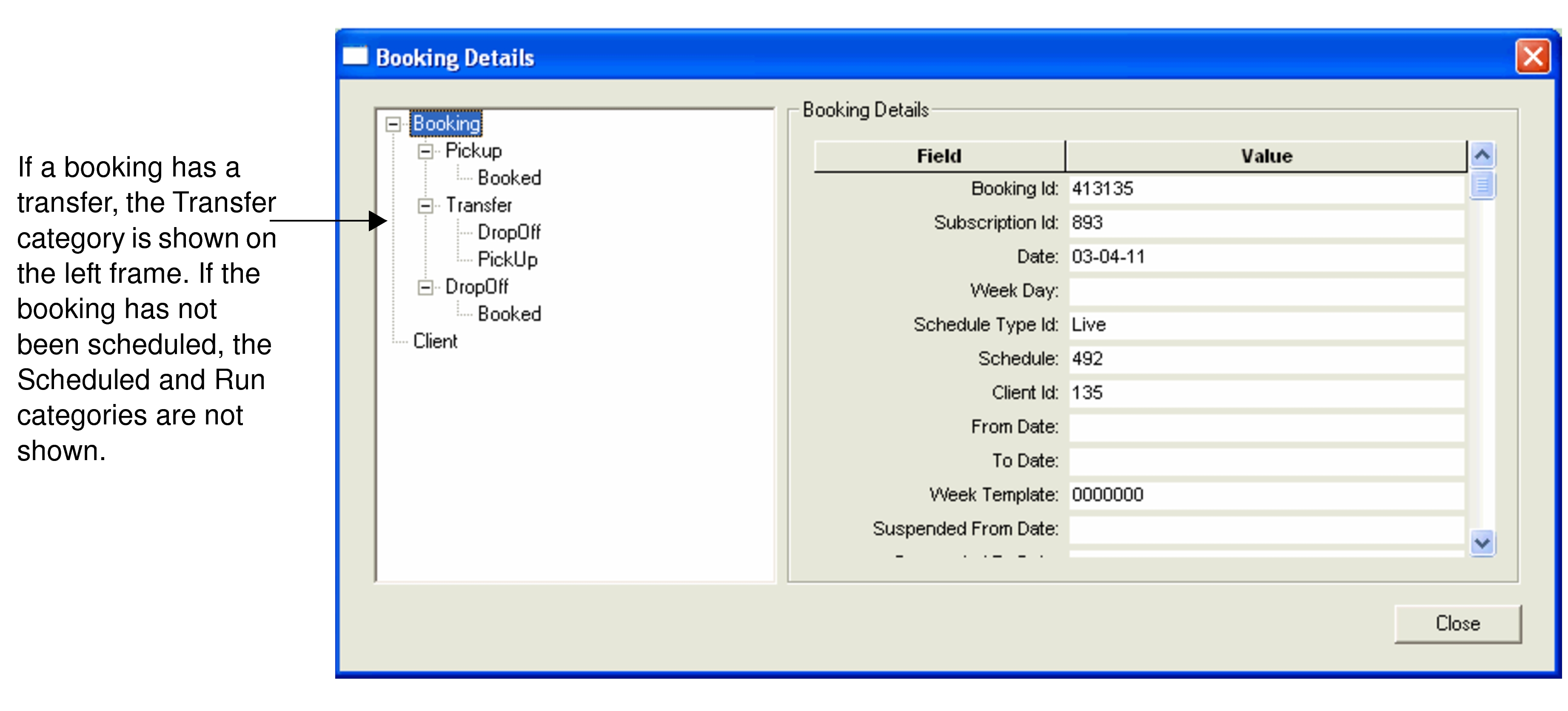 Booking Details dialog box