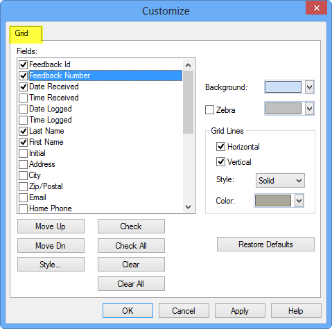 Customize dialog box