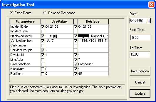 Investigation Tool dialog box