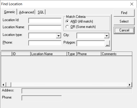 Find Location dialog box