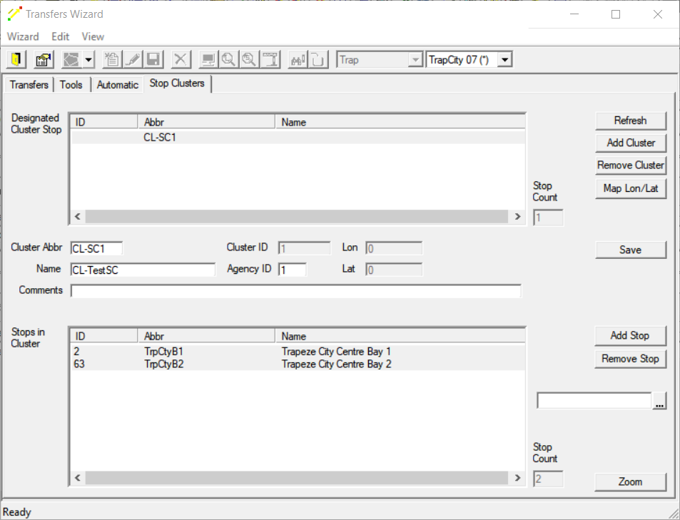 Stop Clusters tab with sample data