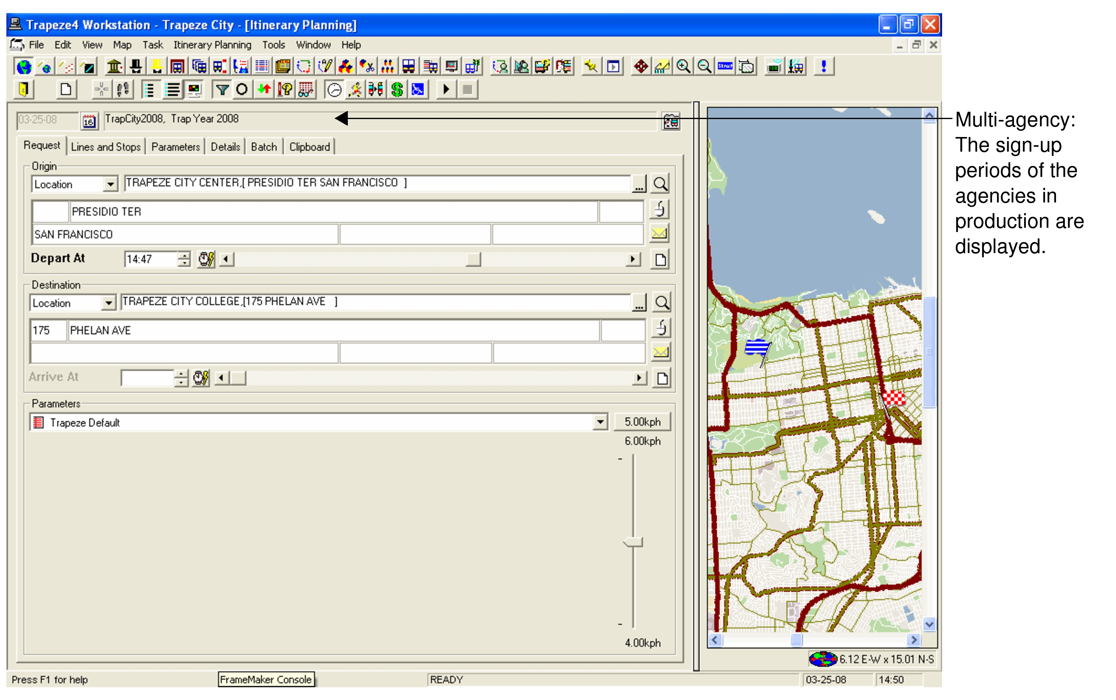 Itinerary Planning screen with sample data and system map in a multi-agency environment