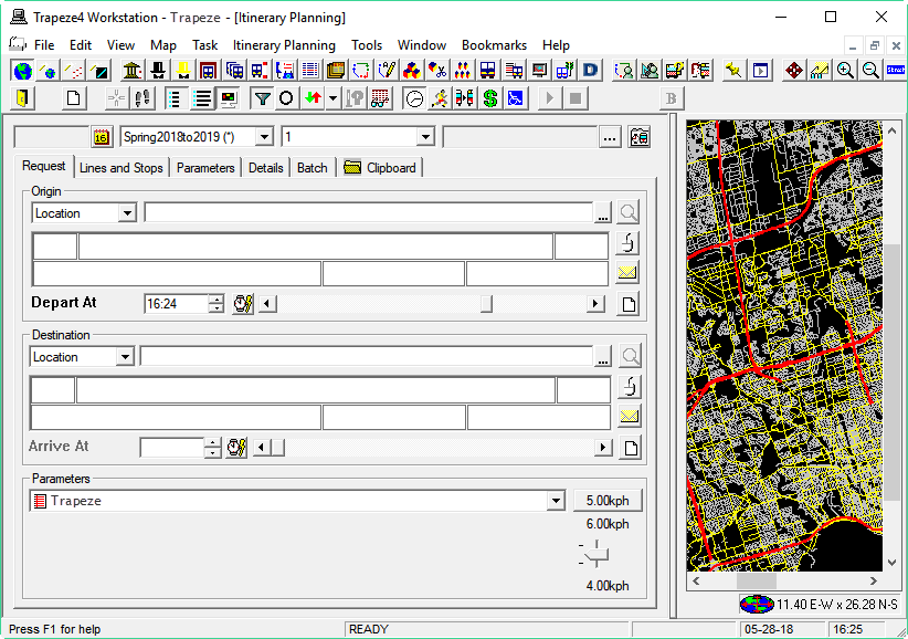 Itinerary Planning screen with the system map open