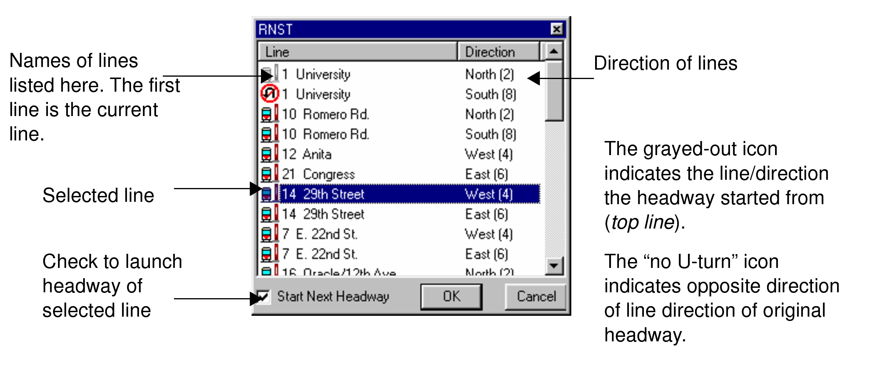 Sample list of lines intersecting the selected node or stop