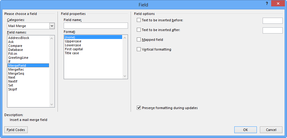 Merge Field dialog box