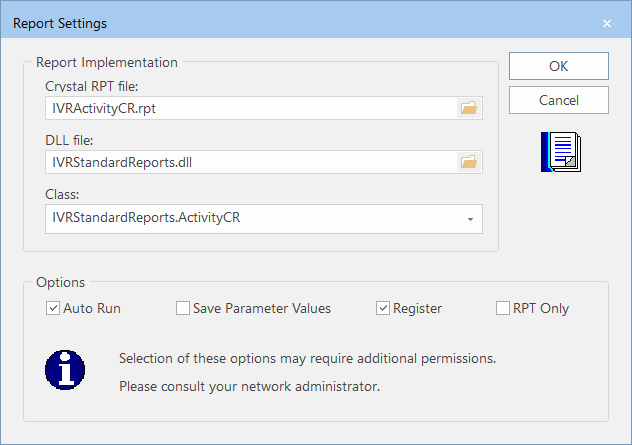 Report Settings dialog box with sample data