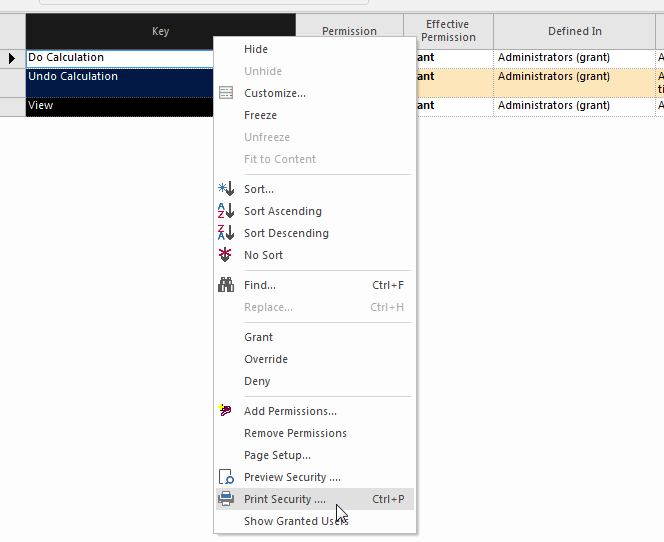 Right-click menu of the permission key table with Print Security highlighted.