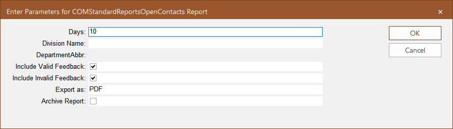 Open Contacts Report Parameters