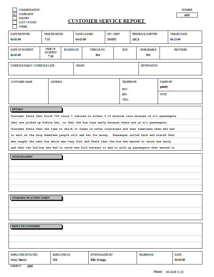 Customer Service Report