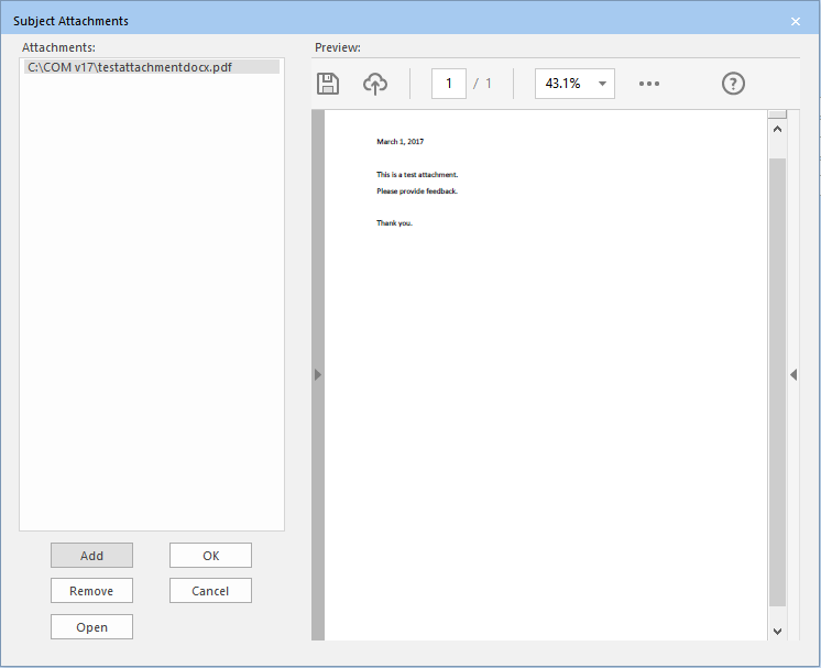 Subject Attachments dialog box