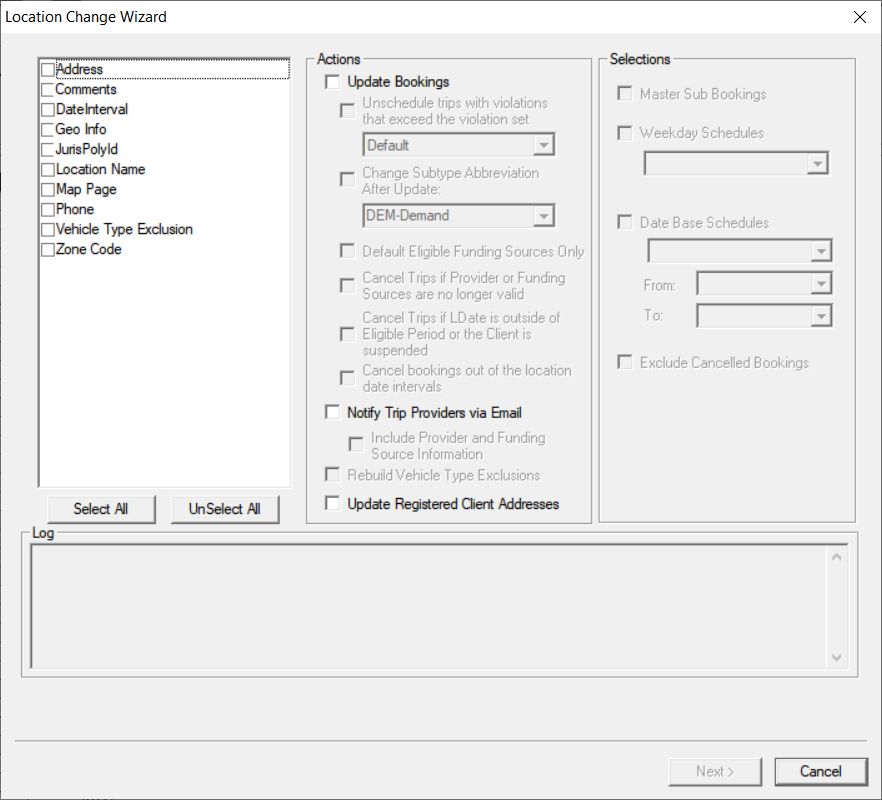 Location Change Wizard dialog