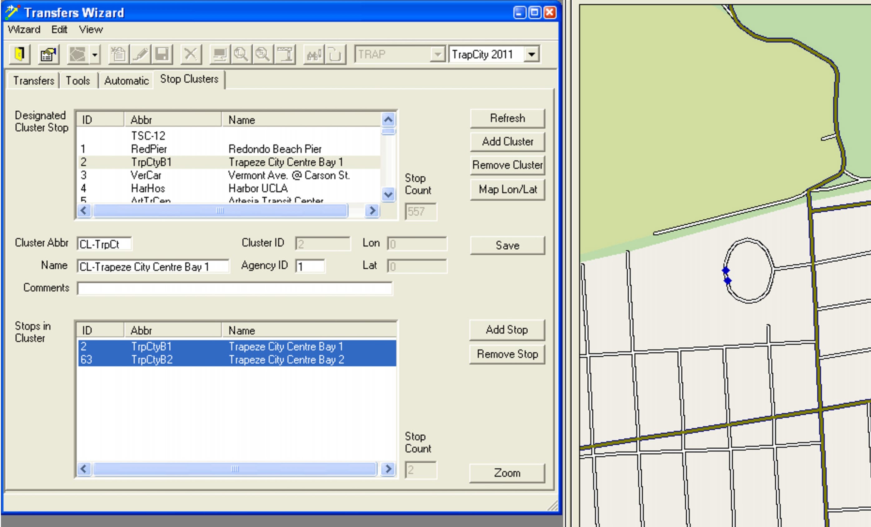 Stop Clusters tab with selected stop cluster shown in map