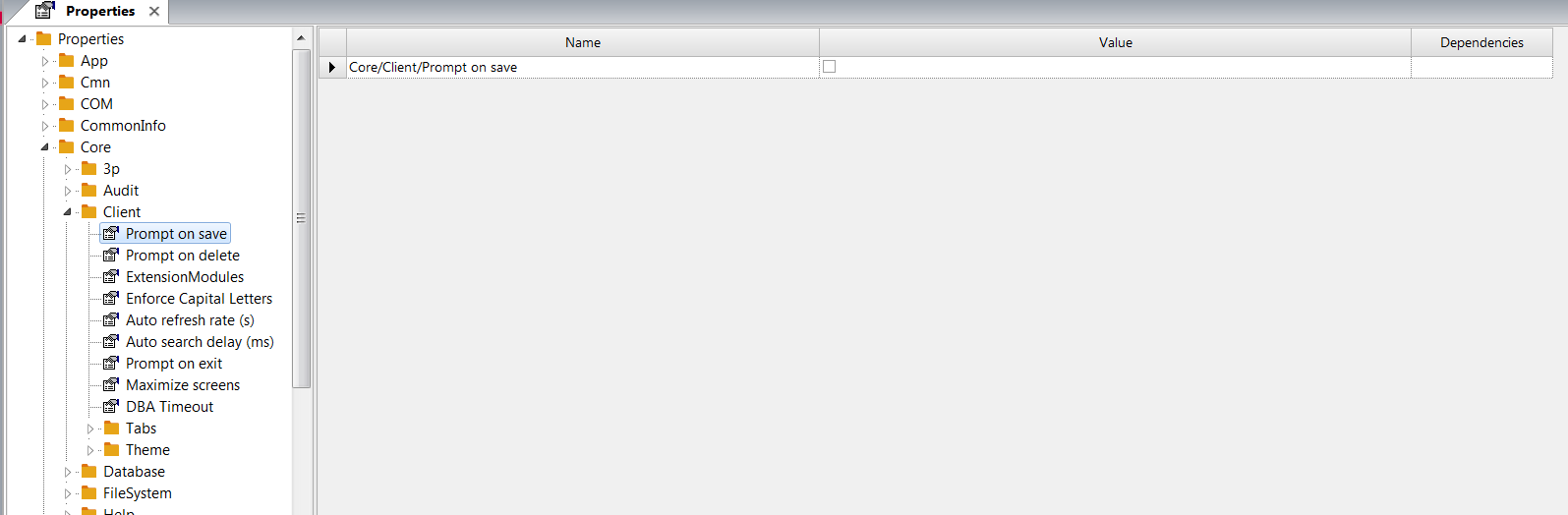Selecting a property from the left pane.