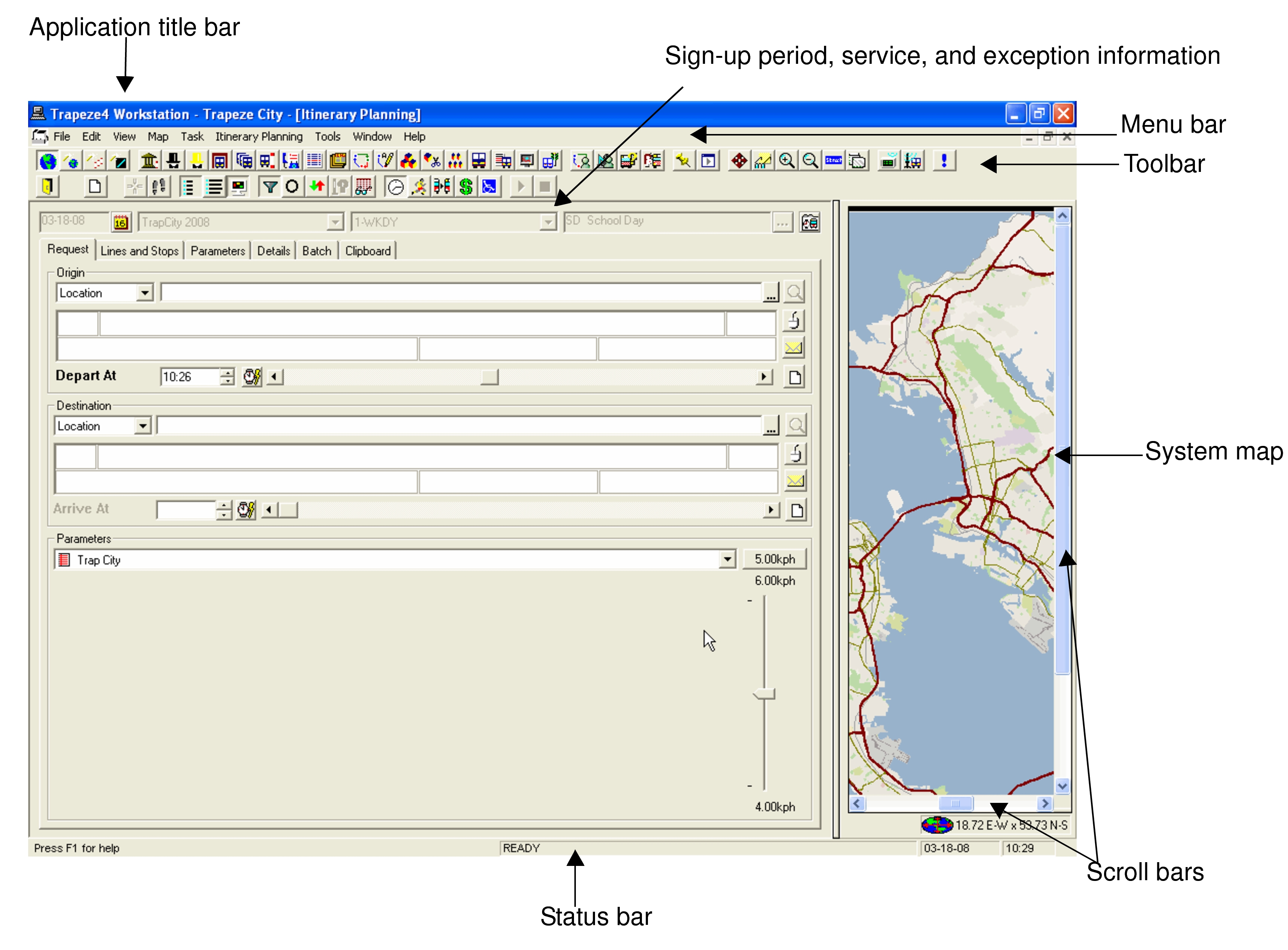 Itinerary Planning screen with sample data and system map