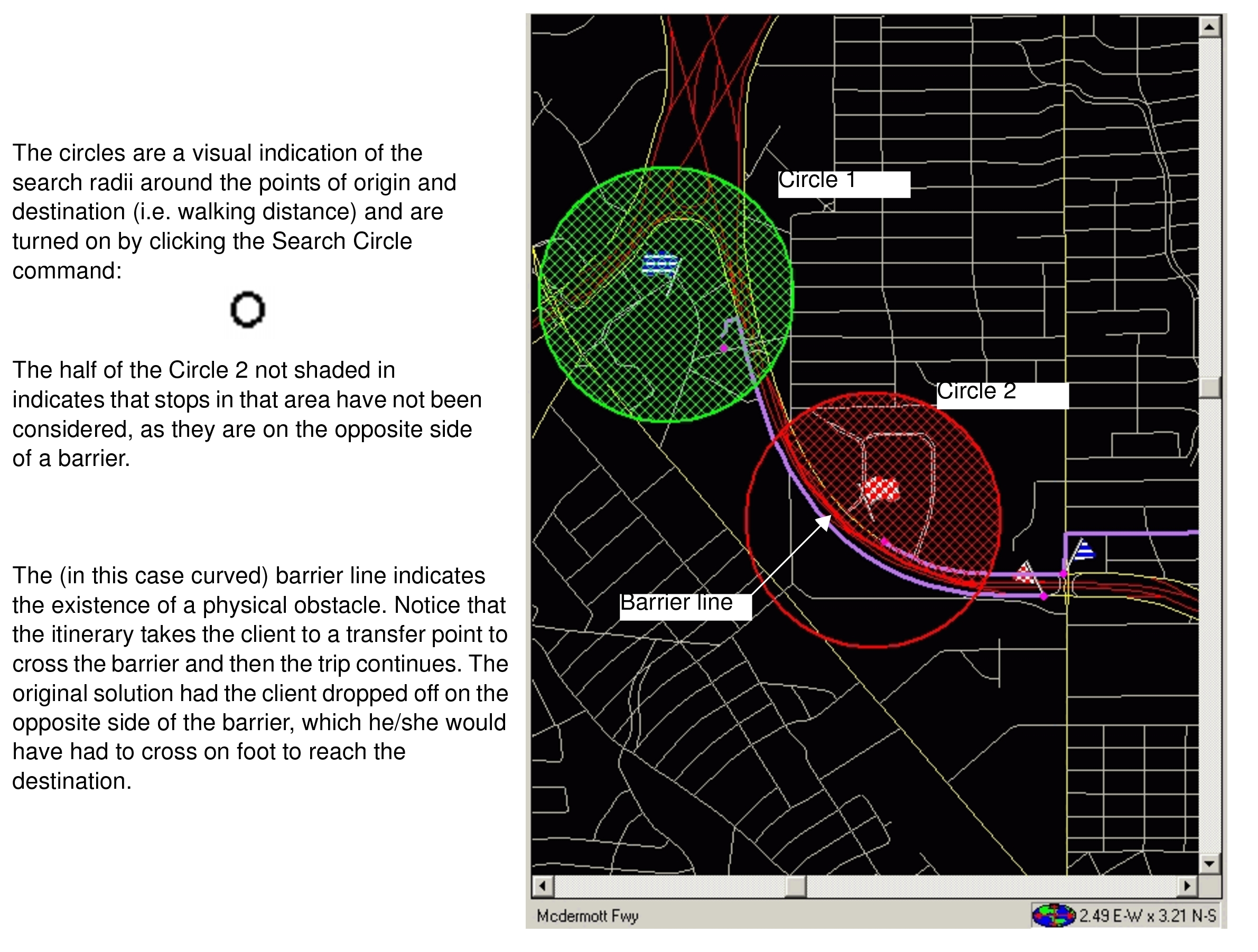Sample graphic that shows area in map with an example of a physical barrier