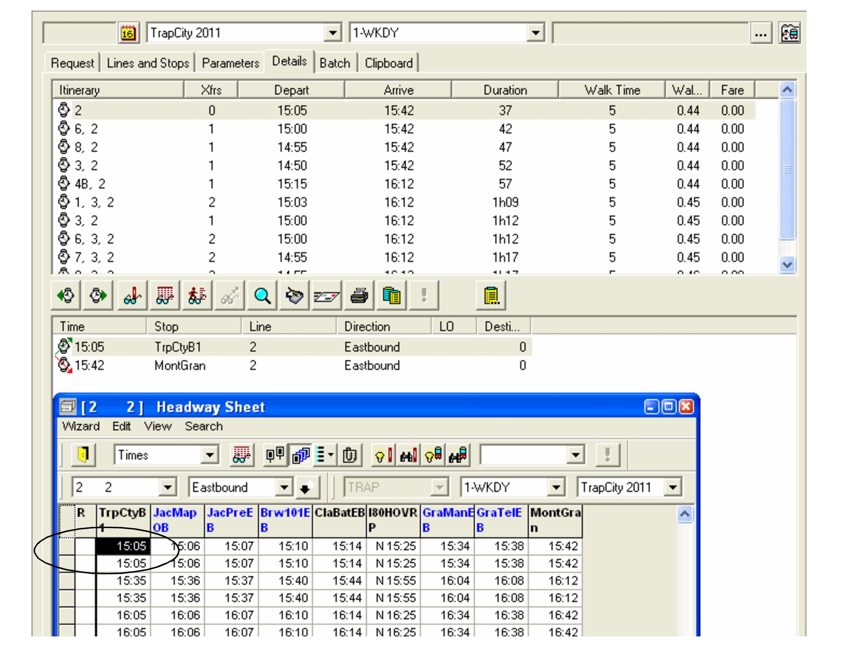 Sample headway sheet showing the first trip at the first stop of the selected line