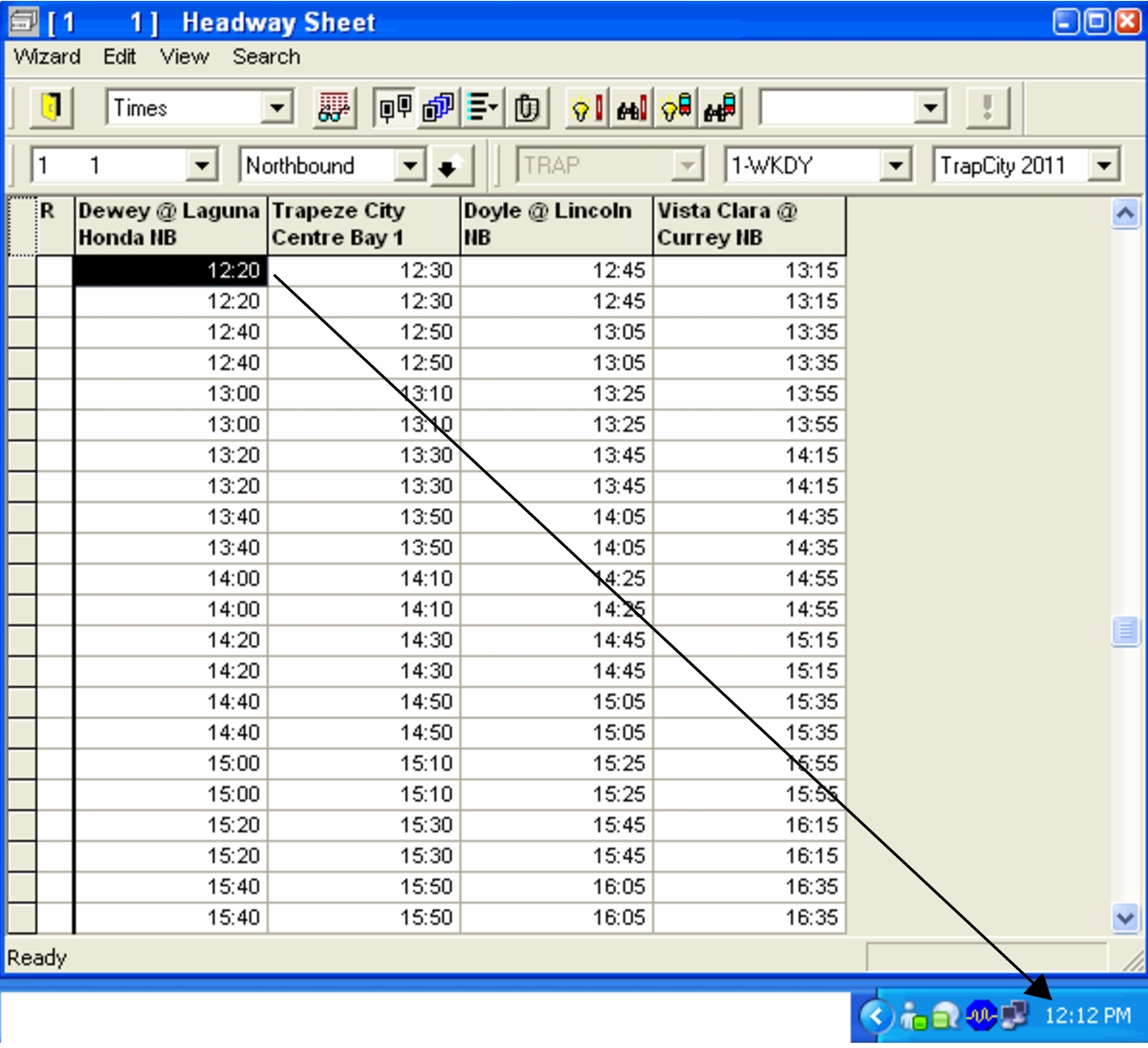Sample Headway sheet showing the current time taken from the computer time.