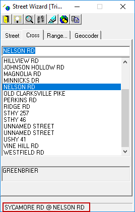 The Street Wizard dialog open to the Cross tab with the currently selected cross street (Sycamore Rd @ Nelson Rd) circled in red.