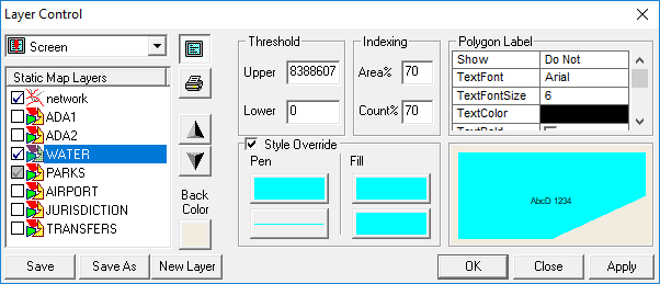 The Layer Control dialog with the WATER Static Map Layer selected.